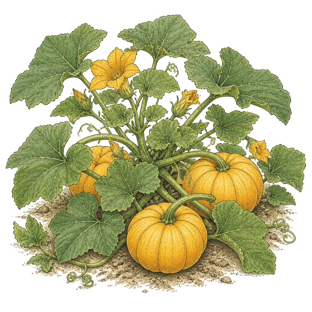 Winter squash vine with broad lobed leaves and maturing squash — the long-season crop whose thick skin must cure for storage.