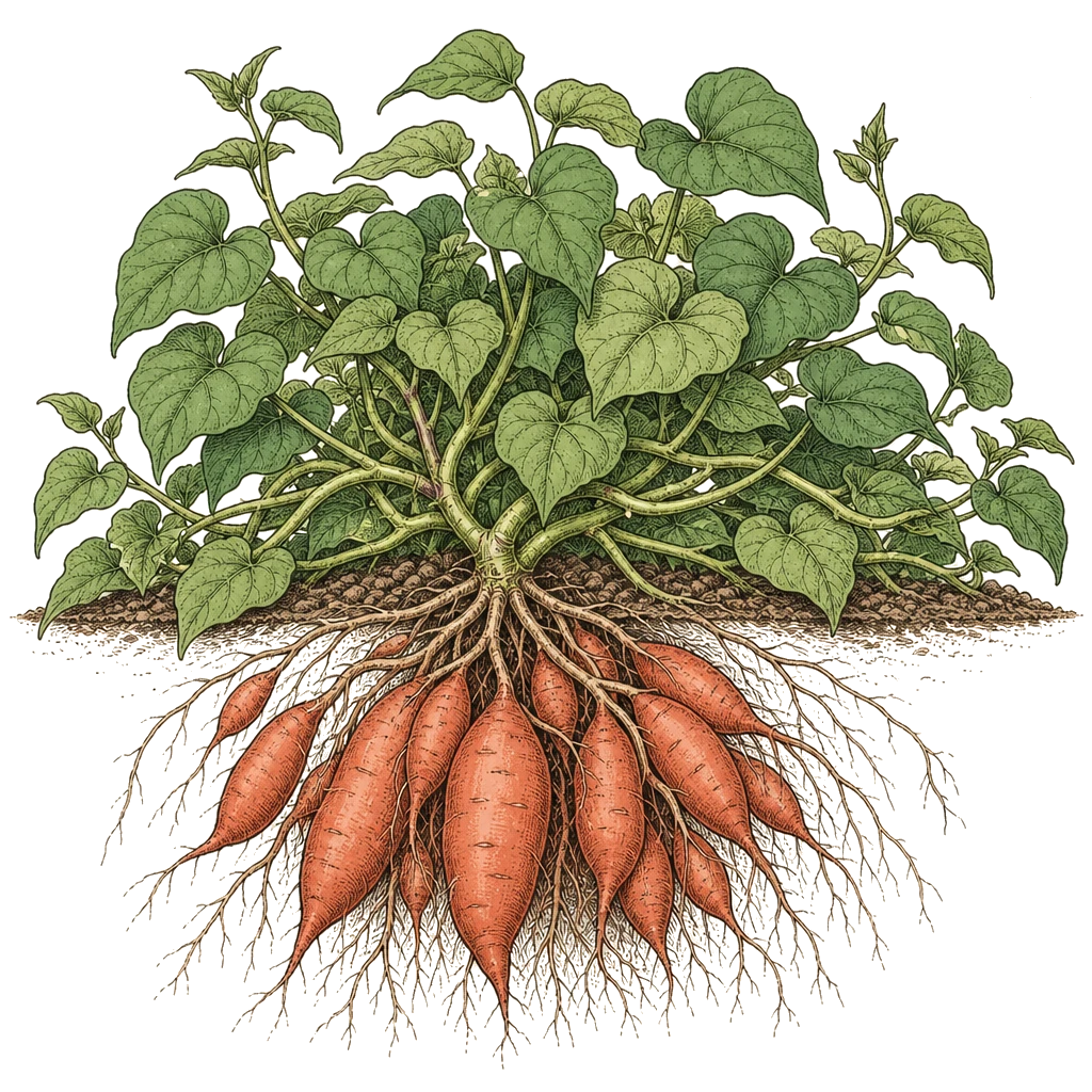 Sweet potato vines with heart-shaped leaves trailing across the bed — the slip-planted crop that needs a 65°F ridge and a long warm season.