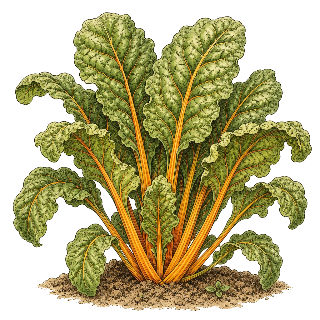 Swiss chard plant with upright crinkled leaves and colored stems — the heat-tolerant green that keeps producing through frost into the mid-20s°F.