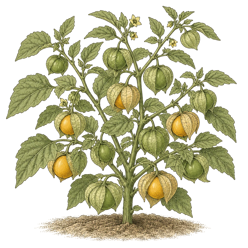 Tomatillo plant with bushy foliage and papery husks — the crop that needs at least two plants for cross-pollination to set fruit.
