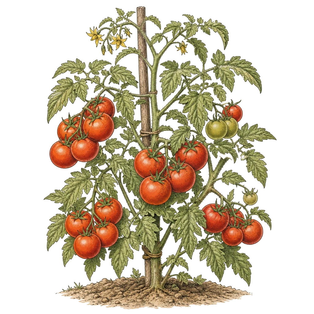 Tomato plant with upright vines, serrated leaves, and ripening fruit — the sun-loving crop that needs 6–8 hours of direct light and consistent moisture.
