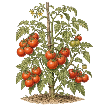 Tomato plant with upright vines, serrated leaves, and ripening fruit — the sun-loving crop that needs 6–8 hours of direct light and consistent moisture.