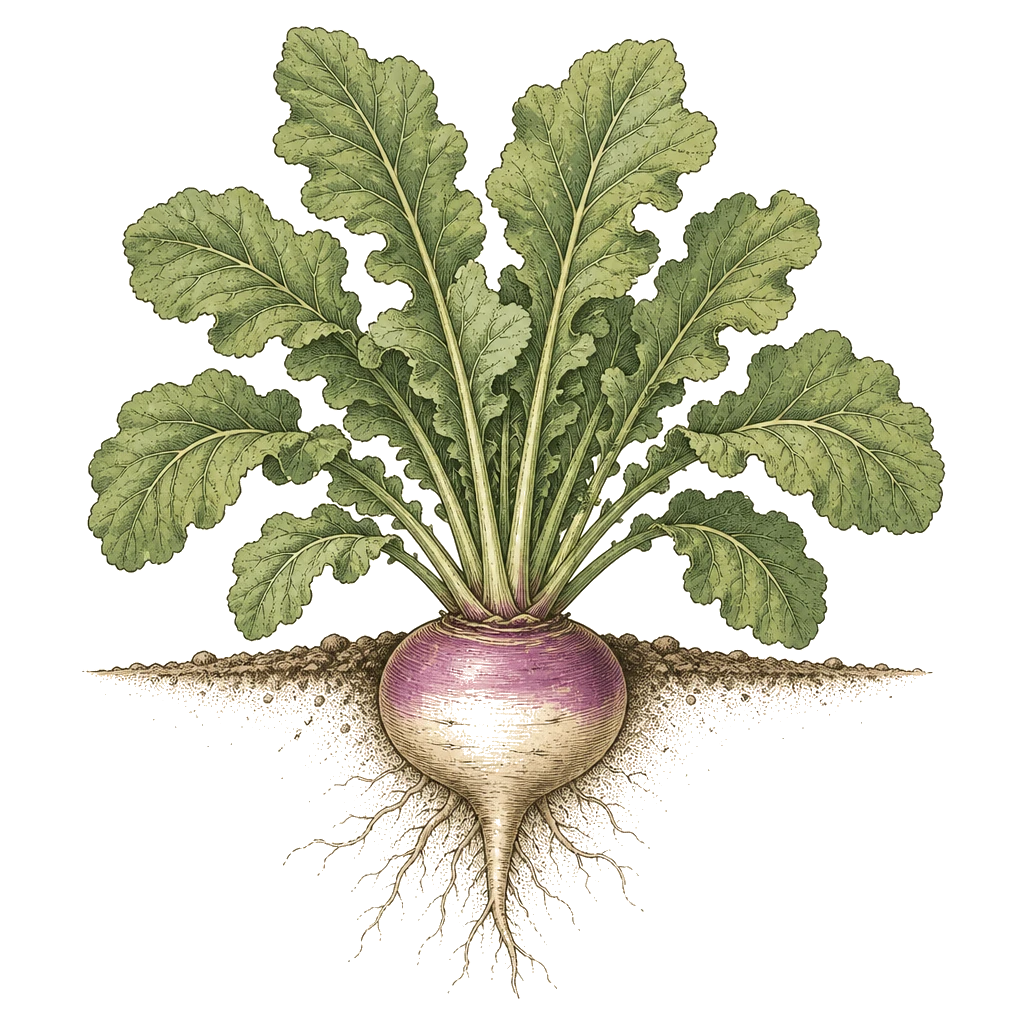 Turnip plant with upright greens and pale roots at the soil line — the direct-sown cool-season root that forks if transplanted.