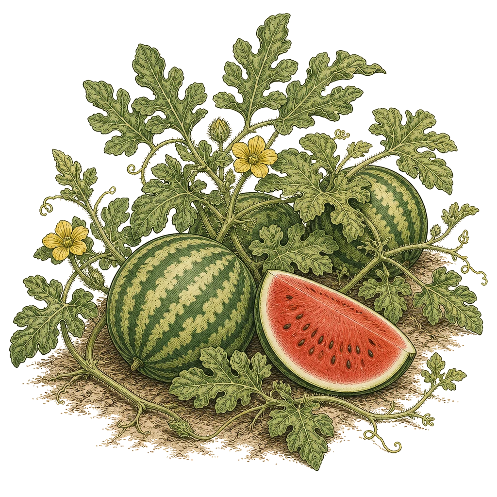 Watermelon vine with lobed leaves and round melons — the long-season crop that needs 85+ frost-free days and room for vines to run.