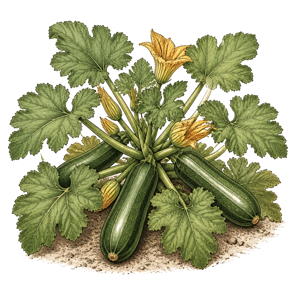 Zucchini plant with large lobed leaves and elongated fruit — the prolific summer squash that stops producing if overgrown pods stay on the vine.