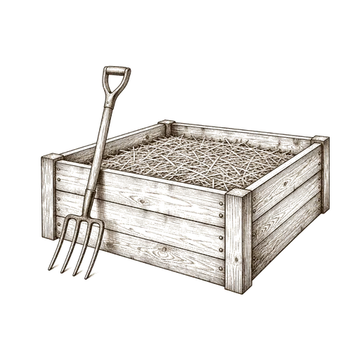 Ink sketch of a mulched raised bed resting for winter, a garden fork leaning against it